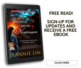 Text: Free Read! Sign-up for updates and receive a free ebook. Image: Cover of The Warlord and the Nightingale by Jeannie Lin. Japanese woman in kimono in front of castle at sunset
