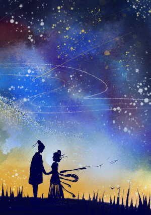 illustrated art: couple under stars