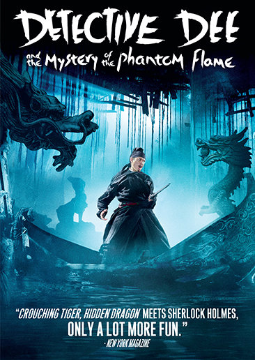 Movie poster: Detective Dee and the Mystery of the Phantom Flame. Man in black robe with sword, on boat in mysterious cave.